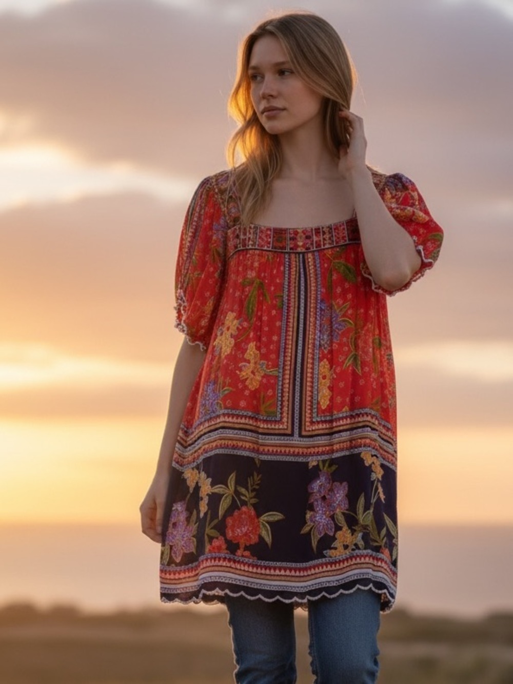 LOVE KYLA boho tunic top, multicolored, square neck with embroidery, scalloped